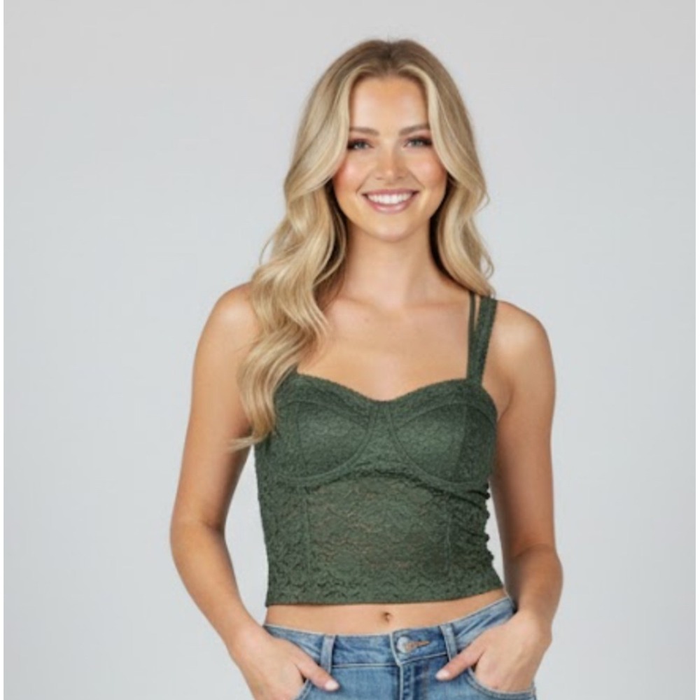 BKE Essentials Green Lace Bralette Crop Top Strappy‎ Back L Coquette Boho